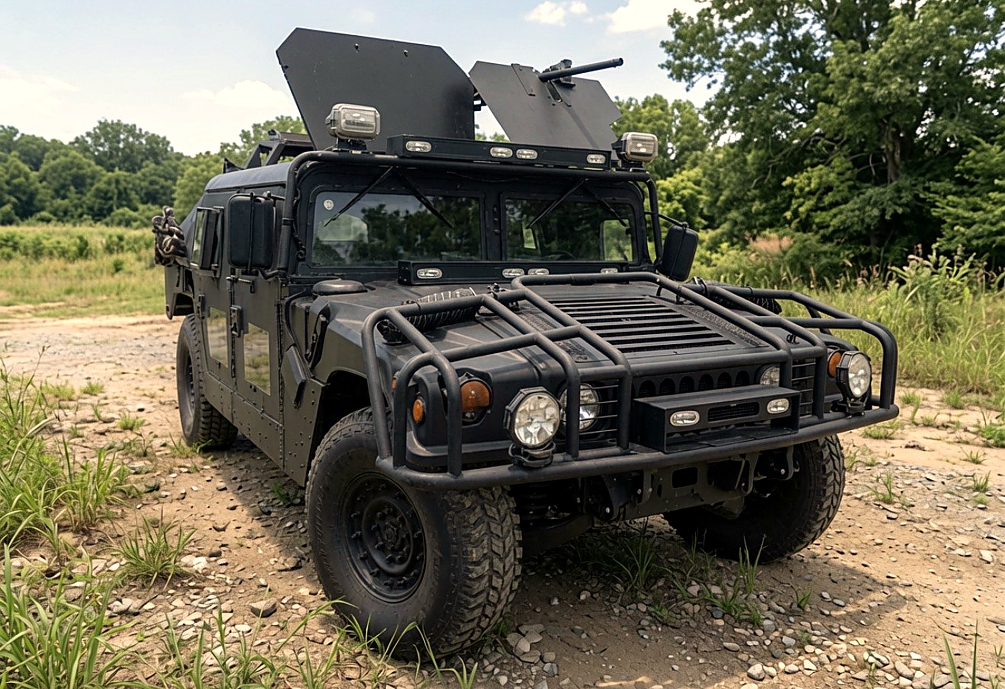 Obsidian Series HMMWV in the field — brush guard, light bars, roof armor